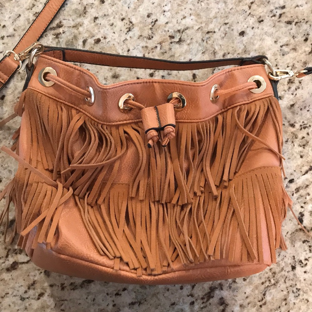 Brown fringe puck bag crossbody purse